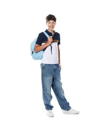 Photo of Cute teenage boy with backpack on white background