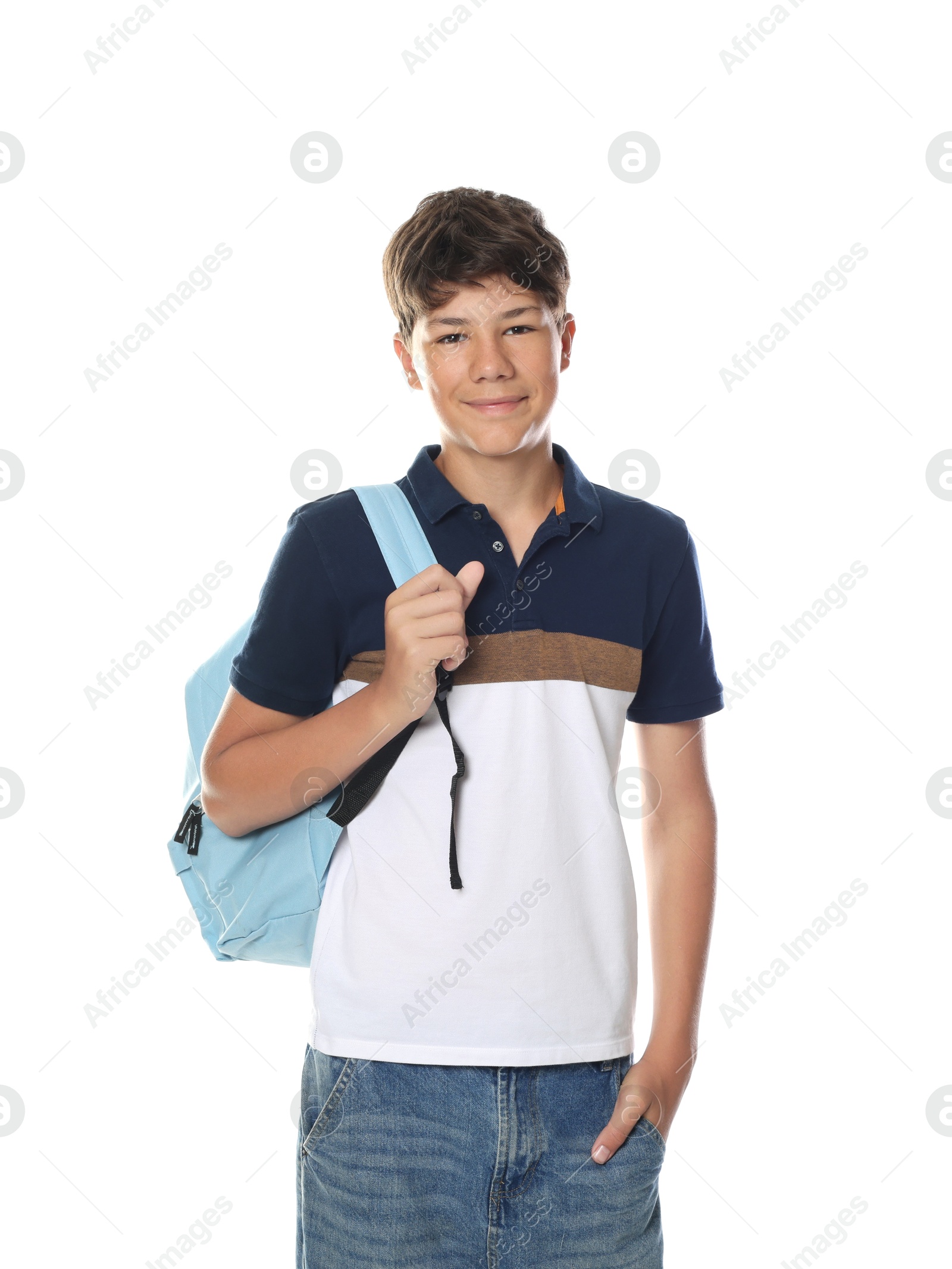 Cute teenage boy with backpack on white background Photo of Cute teenage boy with backpack on white background