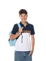 Photo of Cute teenage boy with backpack on white background