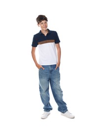 Photo of Happy teenage boy posing on white background