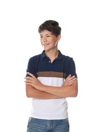 Photo of Happy teenage boy posing on white background