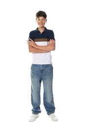 Photo of Happy teenage boy posing on white background