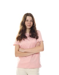 Photo of Happy teenage girl posing on white background