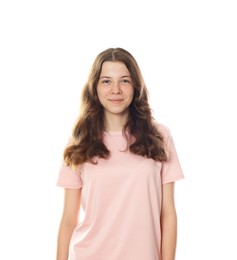 Photo of Happy teenage girl posing on white background