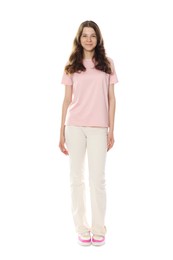 Photo of Happy teenage girl posing on white background