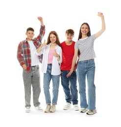 Photo of Excited teenagers posing together on white background