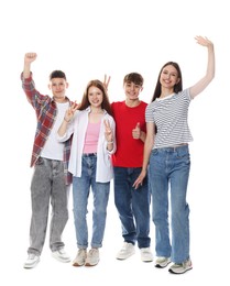 Photo of Excited teenagers posing together on white background
