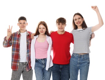 Photo of Excited teenagers posing together on white background