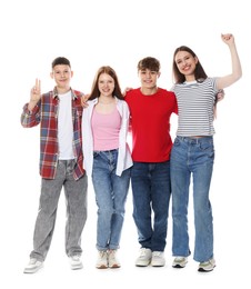 Photo of Excited teenagers posing together on white background