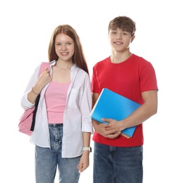 Photo of Teenage girl and boy with backpack and notebook on white background