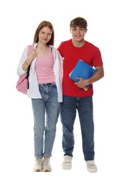 Photo of Teenage girl and boy with backpack and notebook on white background