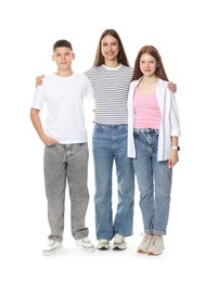 Photo of Happy teenagers posing together on white background