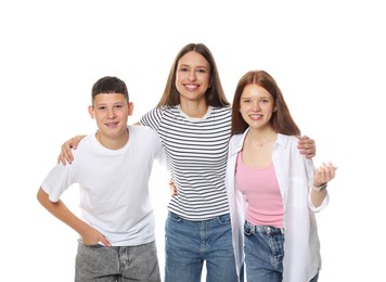 Photo of Happy teenagers posing together on white background