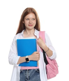 Photo of Cute teenage girl with backpack and notebooks on white background