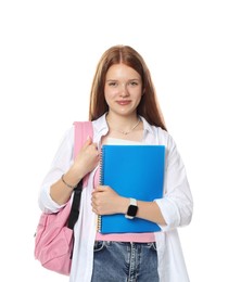 Photo of Cute teenage girl with backpack and notebooks on white background