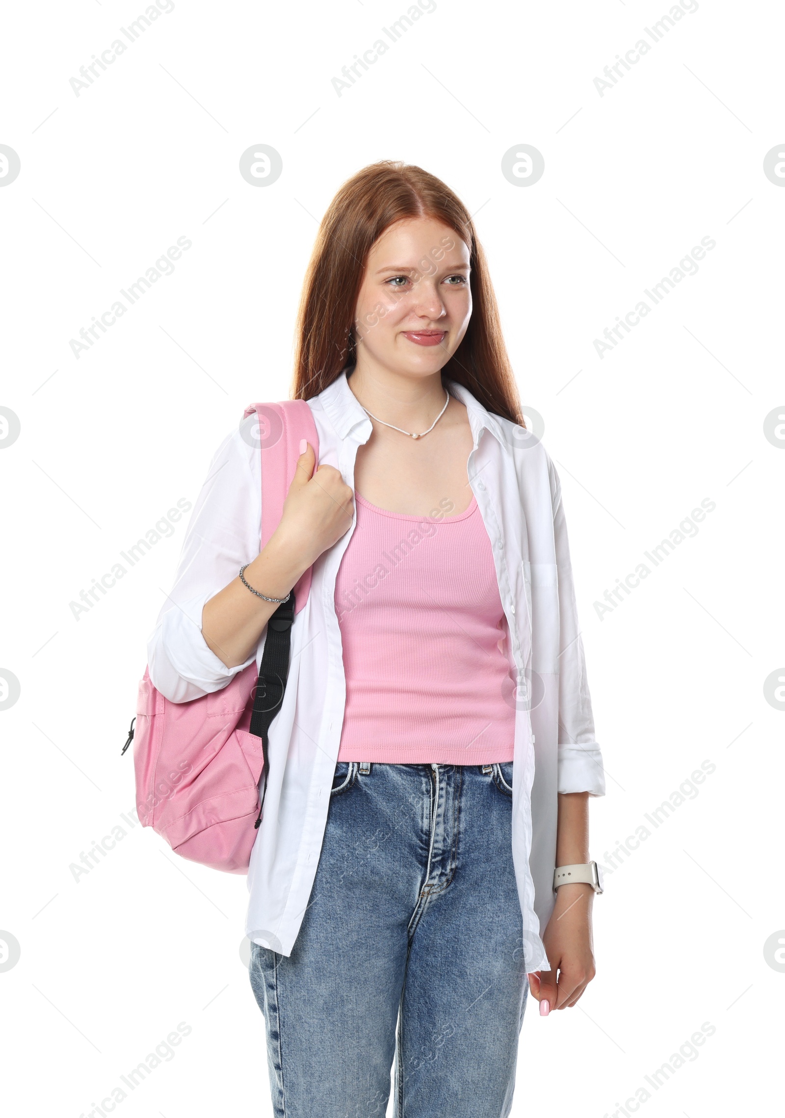 Cute teenage girl with backpack on white background Photo of Cute teenage girl with backpack on white background