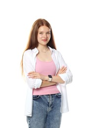 Photo of Happy teenage girl posing on white background