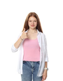 Photo of Happy teenage girl showing thumbs up on white background