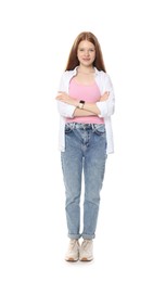 Photo of Happy teenage girl posing on white background
