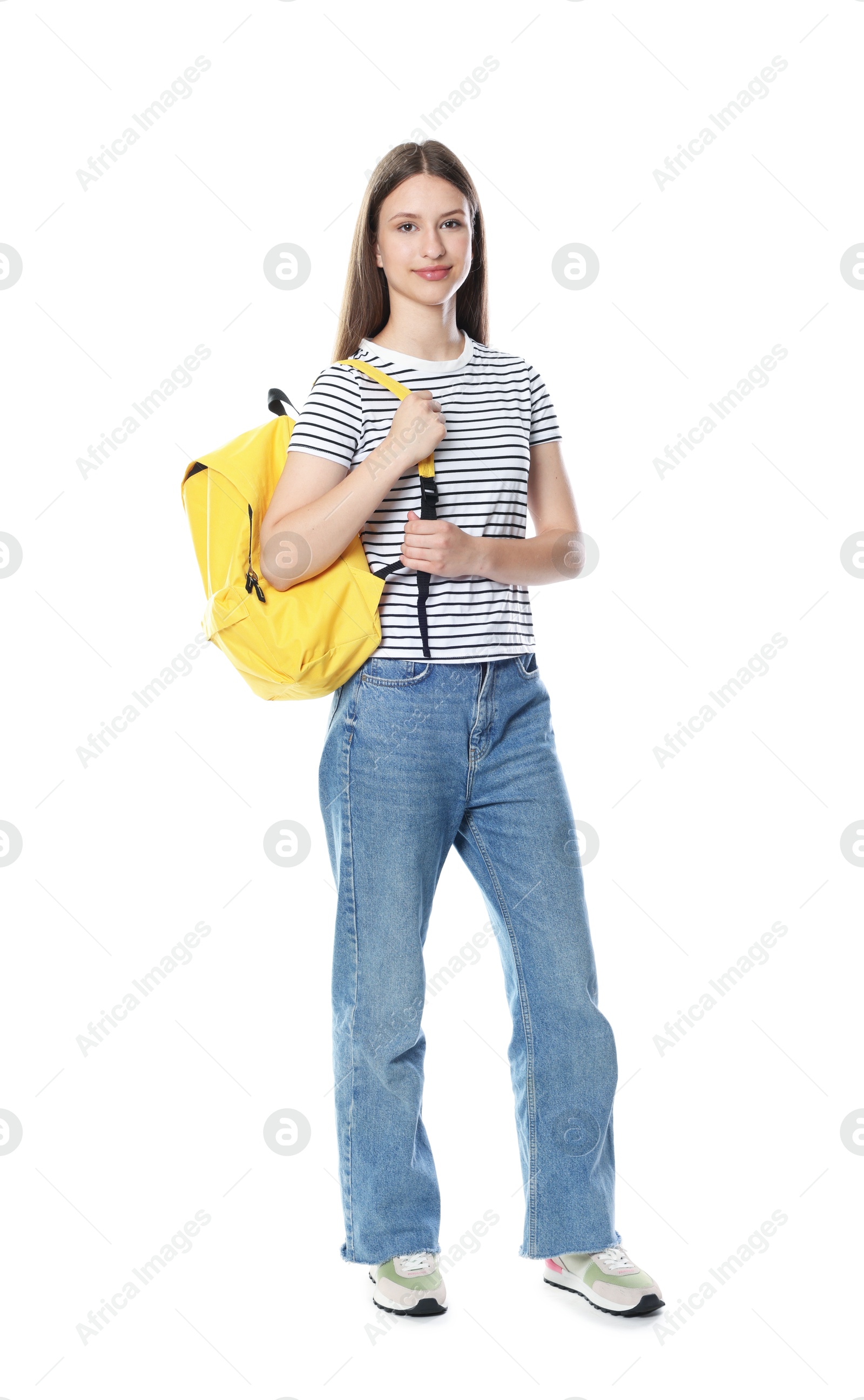 Beautiful teenage girl with backpack on white background Photo of Beautiful teenage girl with backpack on white background