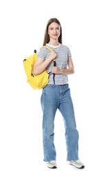 Photo of Beautiful teenage girl with backpack on white background