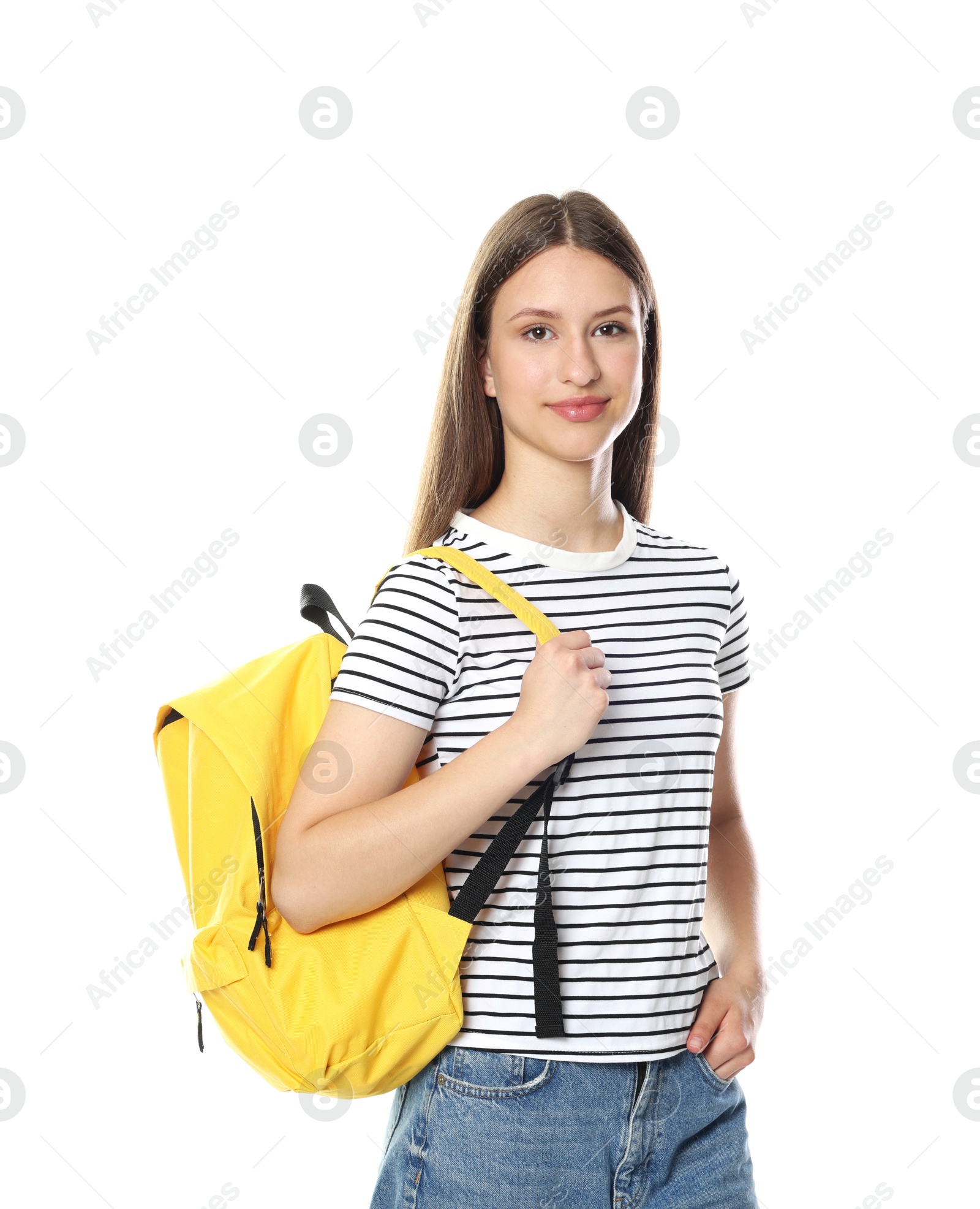 Beautiful teenage girl with backpack on white background Photo of Beautiful teenage girl with backpack on white background
