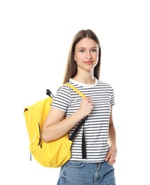Photo of Beautiful teenage girl with backpack on white background