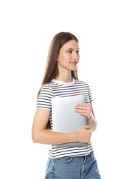 Photo of Beautiful teenage girl with laptop on white background