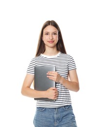 Photo of Beautiful teenage girl with laptop on white background