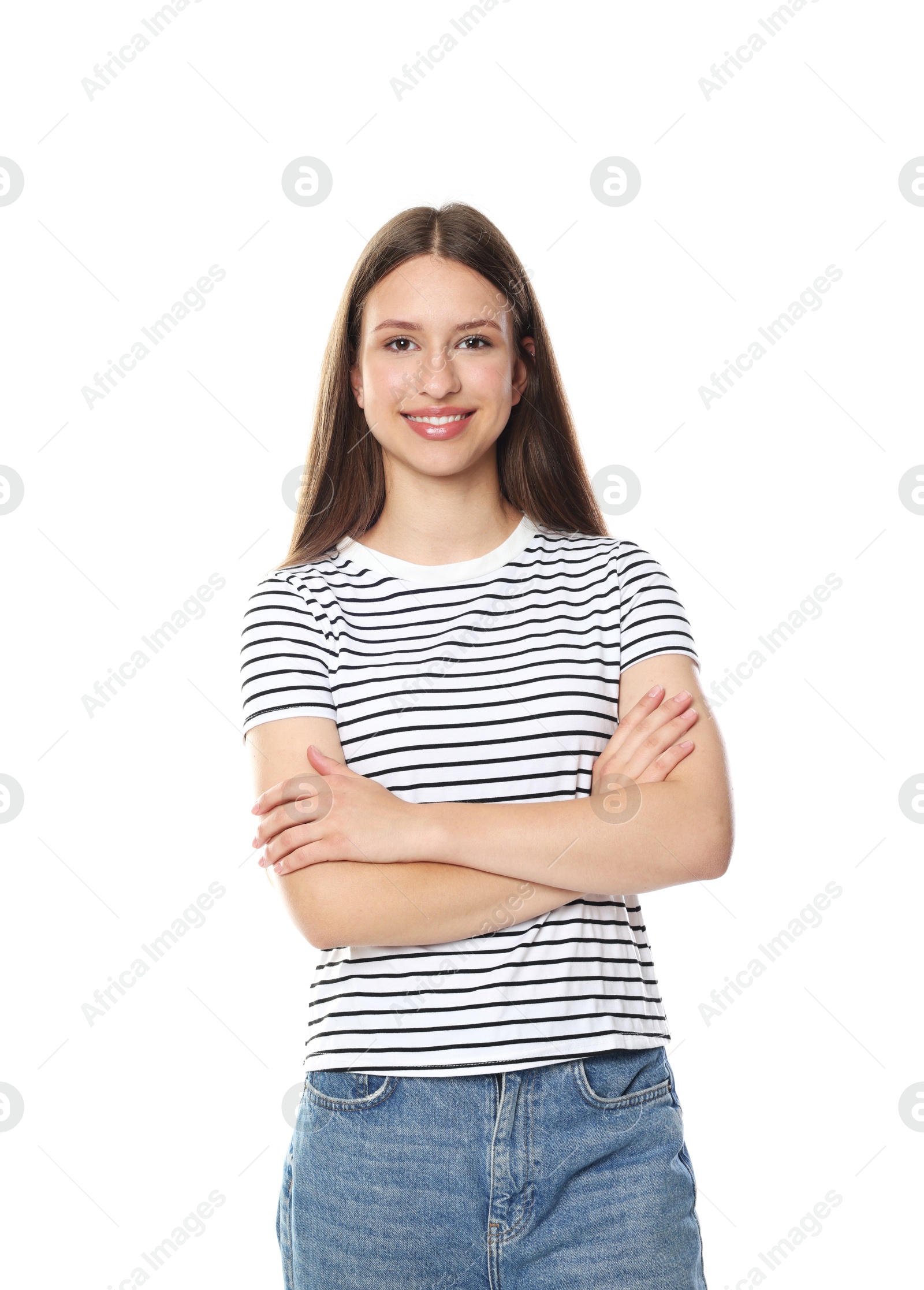 Happy teenage girl posing on white background Photo of Happy teenage girl posing on white background