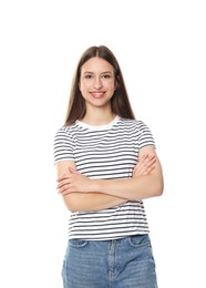 Photo of Happy teenage girl posing on white background