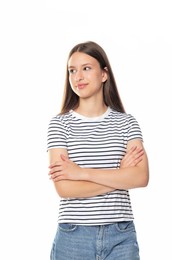 Photo of Happy teenage girl posing on white background