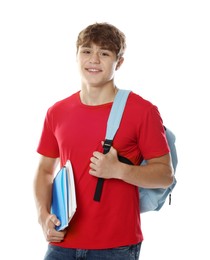 Photo of Happy teenage boy with backpack and notebooks on white background
