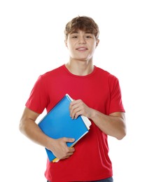 Photo of Happy teenage boy with notebooks on white background
