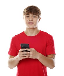 Photo of Teenage boy with smartphone on white background
