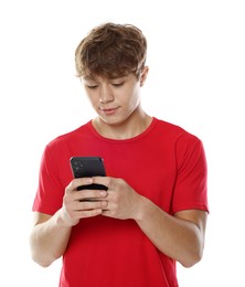 Photo of Teenage boy with smartphone on white background