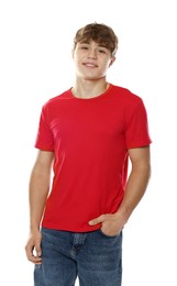 Photo of Happy teenage boy posing on white background