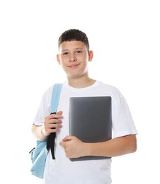 Photo of Teenage boy with backpack and laptop on white background