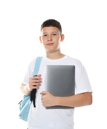 Photo of Teenage boy with backpack and laptop on white background