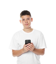Photo of Teenage boy with smartphone on white background