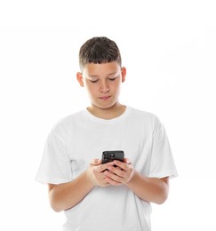 Photo of Teenage boy with smartphone on white background
