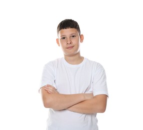 Photo of Happy teenage boy posing on white background