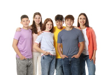 Photo of Group of happy teenagers posing on white background
