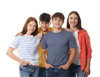 Photo of Group of happy teenagers posing on white background