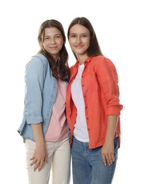 Photo of Happy teenage girls posing on white background