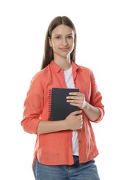 Photo of Teenage girl with notebook on white background