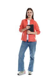 Photo of Teenage girl with notebook on white background