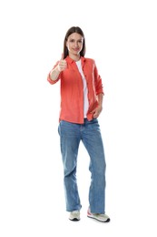 Photo of Happy teenage girl showing thumbs up on white background