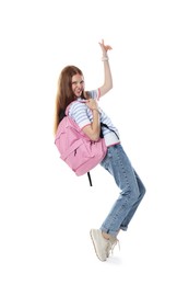 Photo of Happy teenage girl with backpack posing on white background