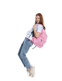 Photo of Happy teenage girl with backpack posing on white background